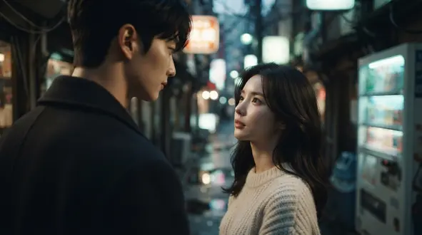 발라드 뮤직비디오 콘티 컷 — 비 온 뒤 도쿄 골목, 어깨 너머로 마주 선 두 사람