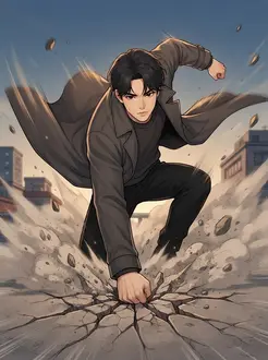 웹툰 액션 콘티 컷 — 옥상 바닥을 깨뜨리며 착지하는 인물
