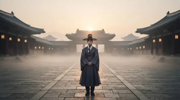 사극 콘티 컷 — 새벽 안개 낀 궁 마당에 선 인물