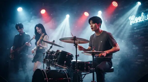 밴드 뮤직비디오 콘티 컷 — 작은 클럽 무대의 4인조